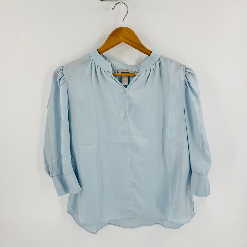 H&M Blouse Light Blue Stand Collar Puff Sleeve Polyester Pullover Top Size M - Picture 2 of 9